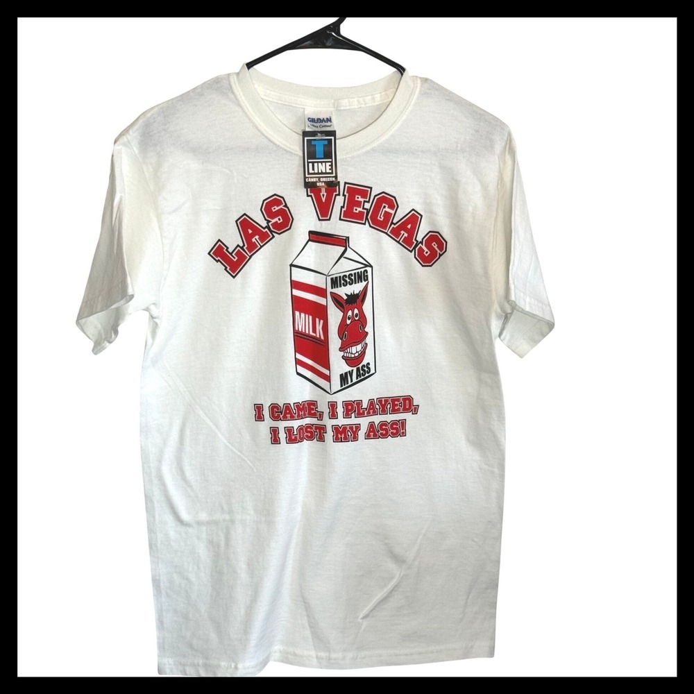 NWT Gildan Las Vegas Missing My Ass Funny Milk Carton Graphic T-Shirt White S